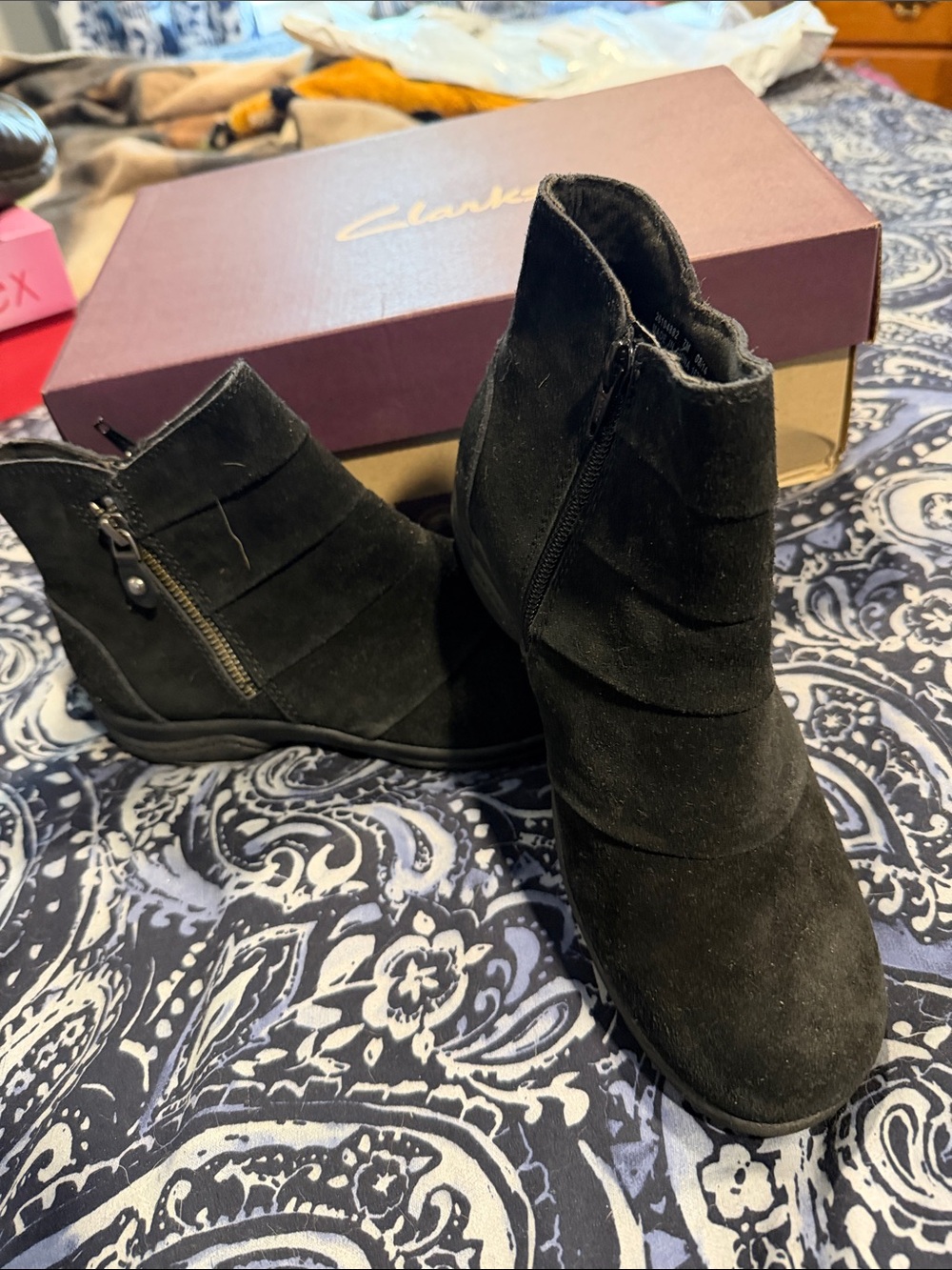 Clarks Black Suede Chris Sway Ankle Booties with Side Zip Detail NIB